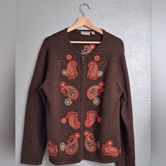 Granny Core Zip Up Silk Blend Embroidered Sweater - Picture 1 of 7